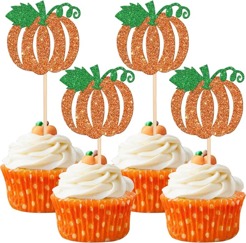 Vista 8 de 24 piezas de decoración de calabaza para cupcakes con purpurina temática de otoño, decoración de pasteles con temática de calabaza, cumpleaños