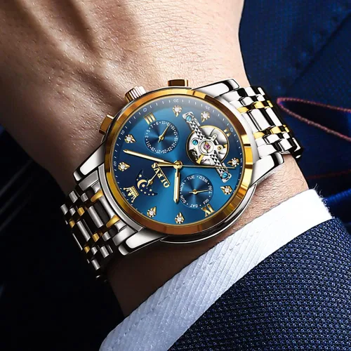 Vista 3 de OLEVS Relojes automáticos para hombre, de lujo, de cuerda automática, reloj de pulsera mecánico, de acero inoxidable, impermeable, luminoso, fecha