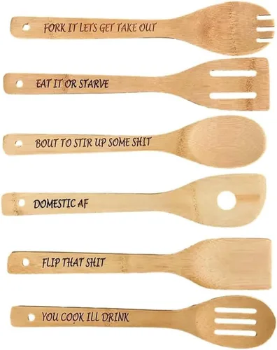 Vista 9 de Divertido juego de cucharas de madera, 6 cucharas de madera para reproducir, cuchara de café de madera grabada con frases divertidas, cucharas