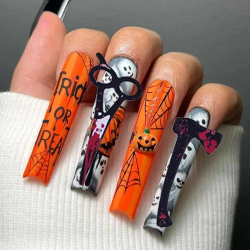 Vista 7 de 12 dijes de uñas de Halloween para uñas acrílicas, cuchillo de sangre de terror 3D, tijeras, hacha, dijes de Halloween para uñas, cuchillos 12