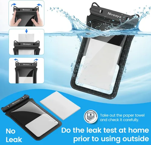 Vista 9 de Niveaya Bolsa impermeable para teléfono con doble espacio - 2 unidades, funda impermeable con cordón para iPhone 16/15/14/13/12 Pro Max hasta 8.3
