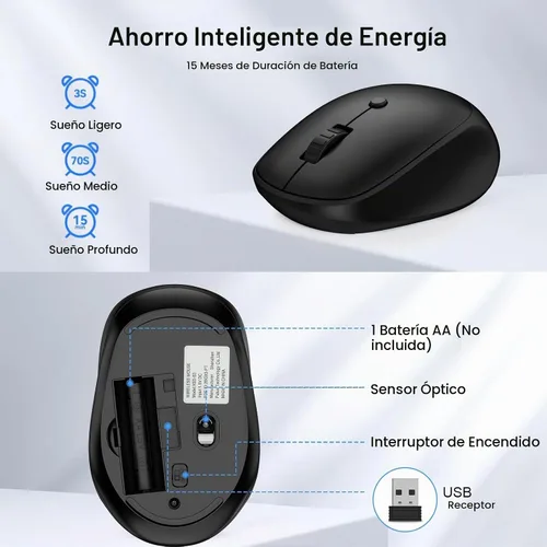 Vista 5 de Ratón inalámbrico, 2.4 G silencioso para computadora con receptor USB, 800/1200/1600 DPI, 4 botones, portátil óptico inalámbrico USB