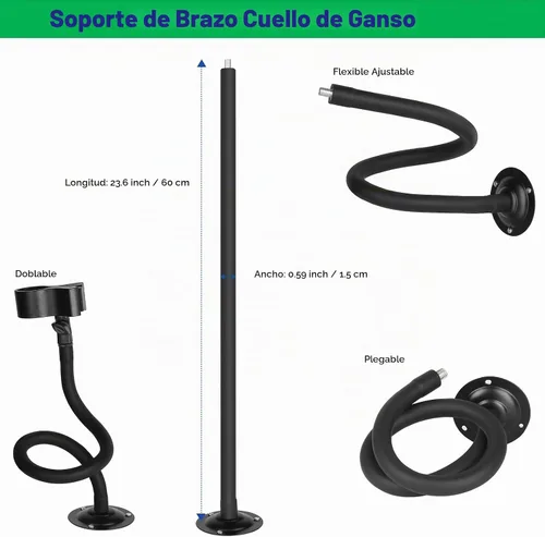 Vista 8 de Soporte para micrófono: soporte de micrófono de escritorio de cuello de cisne de 23.6 pulgadas, soporte de pared para brazo de micrófono, clip