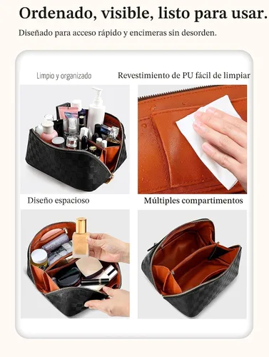 Vista 6 de Bolsa de cosméticos de viaje de gran capacidad - Bolsas de maquillaje portátiles para mujeres, impermeable, de cuero PU a cuadros, con organizador