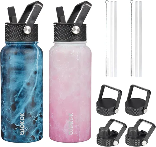 Vista 19 de BJPKPK Paquete de 2 botellas de agua aisladas con tapas con pajita, botella de agua de metal de acero inoxidable de 18oz con 6 tapas, jarras a