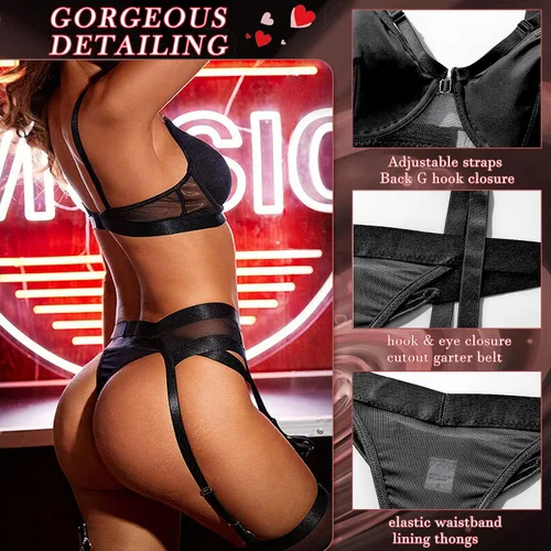 Vista 3 de Kusisan Conjunto de lencería sexy para mujer, liguero, brasier y bragas