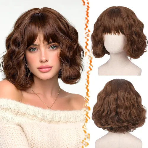 Vista 16 de BARSDAR Peluca corta ondulada con reflejos castaño, peluca corta ondulada con flequillo para mujer, gruesa, suave, sintética, texturizada, rizada
