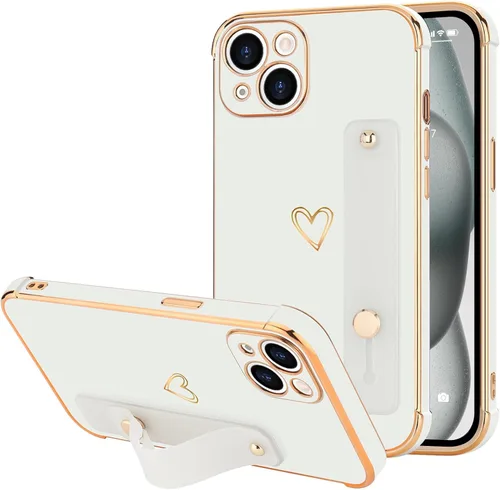 Vista 42 de LLZ.COQUE Funda compatible con iPhone 12 para mujeres y niñas, parachoques chapado de lujo con bonito diseño de corazón de amor, soporte de correa