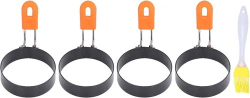 Vista 5 de Haofy Egg Rings 4Pcs Stainless Steel Silicone Non Stick Fried Egg for Breakfast Hamburger Patty, Heat Insulation Handle Easy Demolding with Cleaning
