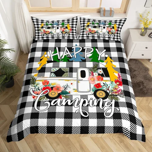 Vista 12 de Erosebridal Juego de funda de edredón de cabaña de cabaña, ropa de cama individual para niños, funda de edredón de campamento feliz, ropa de cama