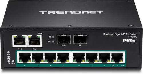 Vista 14 de TRENDnet Conmutador industrial Gigabit PoE+ de 10 puertos, 8 puertos Gigabit PoE+, Montaje en carril DIN, 2 ranuras SFP, Presupuesto de alimentación