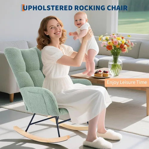 Vista 12 de Mecedora deslizadora tapizada con patas de madera para sala de estar, dormitorio, cuarto de bebé, incluye bolsillos laterales
