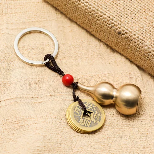 Vista 7 de Monedas de Feng Shui con llavero de latón Calabash Wu Lou para viajes de longevidad, con seguridad, riqueza, porsperidad, éxito y buena suerte