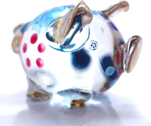 Vista 6 de Figuras pequeñas de cerdo en miniatura de animales soplados a mano, arte de vidrio coleccionable, decoración de regalo, V1 (flor azul)
