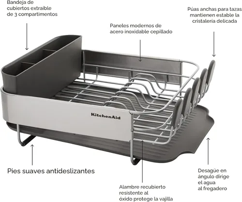 Vista 6 de KitchenAid Escurridor de platos compacto que ahorra espacio, resistente al óxido, con tabla de drenaje inclinada de autodrenaje y organizador de Gris
