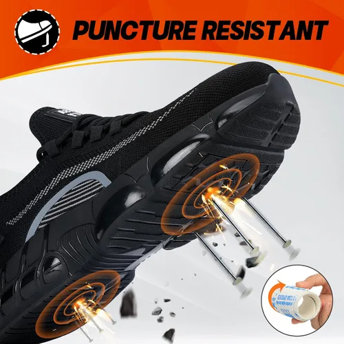 Vista 3 de BAIYIJIA Zapatos de punta de acero para hombre, zapatos de trabajo antideslizantes para construcción con amortiguación de aire, zapatos