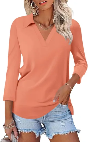 Vista 14 de TICTICMISS - Camisas polo de cuello en V para mujer, manga 3/4, con cuello, tops casuales de negocios, tops de verano a la moda, holgados