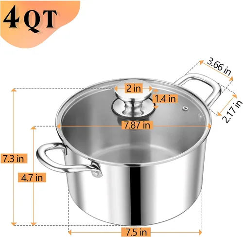 Vista 2 de P&P CHEF Olla de 4 cuartos de galón de acero inoxidable tricapa, olla de 4 cuartos de galón para cocinar pasta con tapa visible para sopa