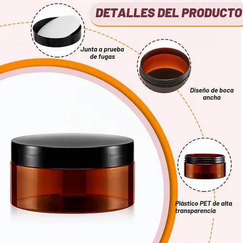 Vista 3 de Paquete de 24 tarros cosméticos de PET ámbar de 4 onzas con tapas negras y Ámbar con tapa negra