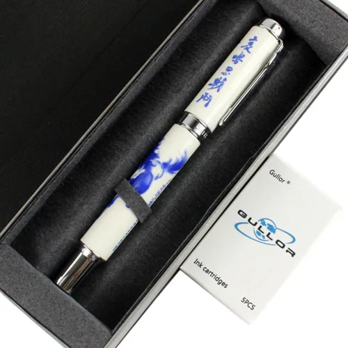 Vista 4 de Gullor Jinhao 950 Caballo de porcelana azul y blanco con caja de regalo y cartuchos de tinta