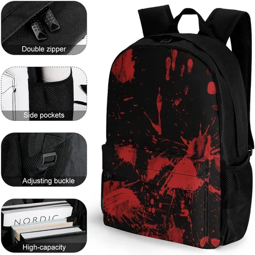 Vista 3 de Mochila ligera para senderismo, trabajo, correr, gran capacidad, multiusos, antirrobo, bolsa de libros clásica de terror con salpicaduras de sangre