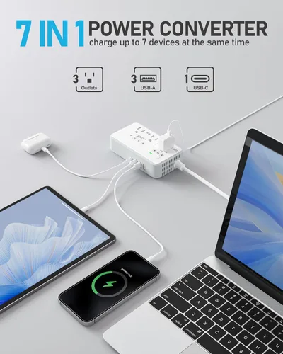 Vista 3 de Convertidor de voltaje de 220 V a 110 V de EE. UU. a Europa, convertidor de voltaje de 2000 W para viajes europeos con 3 puertos AC 2 USB-C 2 USB-A