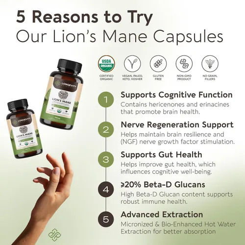 Vista 3 de Longevity Botanicals Cápsulas orgánicas de hongo melena de león extracto suplemento 120ct Hericium Erinaceus cuerpo fructífero ≥20%