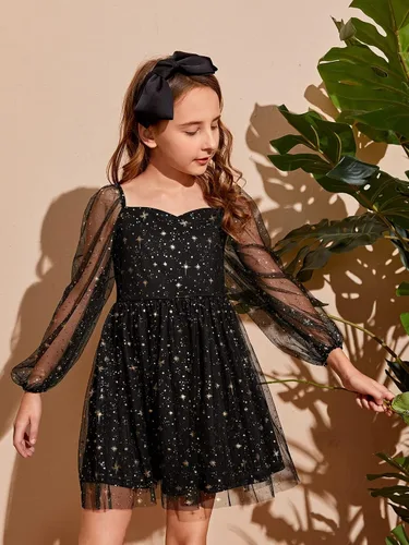 Vista 4 de WDIRARA Vestido de manga larga abombada con volantes y lunares para niña