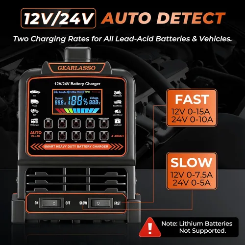Vista 3 de Cargador de batería de coche de 12 V 24 V resistente, mantenedor de batería automático de 0-15 A con apagado automático, 10 modos de carga