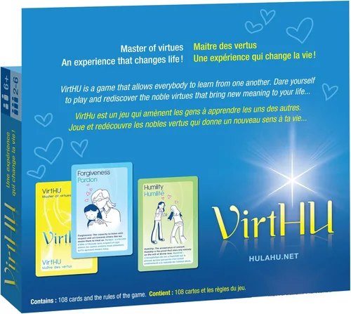 Vista 2 de VirtHU - Juego de cartas de empoderamiento para todos (bilingüe EN/FR) – Domina las virtudes tradicionales y difunde el amor – Juego familiar