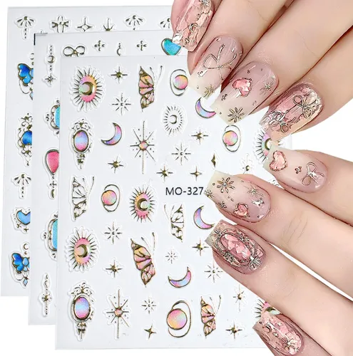 Vista 70 de 5 hojas de calcomanías de arte de uñas de mariposa, 3D coloridas mariposas, suministros de arte de uñas, mariposas, flores, calcomanías Con