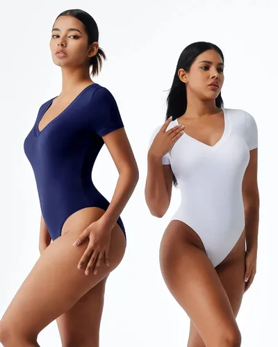 Vista 4 de ALGALAROUND Body de manga corta con cuello en V para mujer, camiseta básica de doble capa