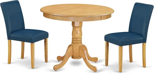 Vista 17 de East West Furniture ANAB3-AWA-05 - Juego de mesa de comedor moderno de 3 piezas, incluye una mesa de cocina redonda con pedestal y 2 sillas