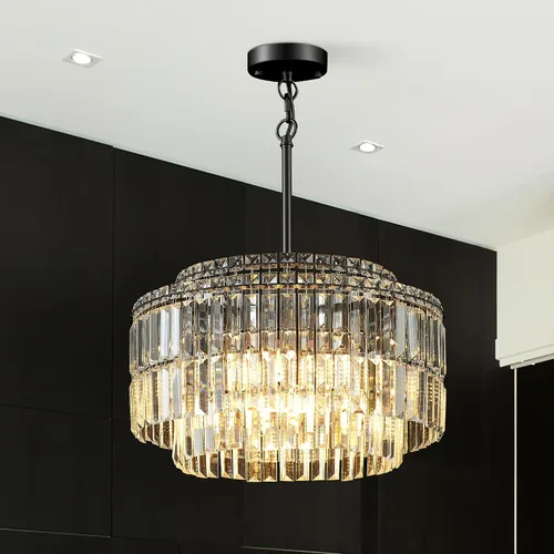 Vista 11 de Moderna lámpara de techo de cristal semiempotrada negra de 12" para comedor, candelabro pequeño de lujo glamoroso de 2 luces para dormitorio