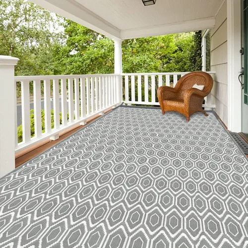 Vista 11 de fifame Alfombra de exterior de 9 x 12, alfombra de patio tejida de plástico gris & blanco