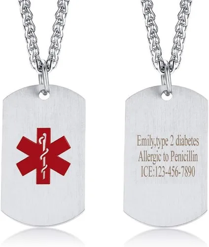 Vista 51 de VNOX Collar con colgante personalizado de acero inoxidable con grabado personalizado para identificación de alerta médica de emergencia para hombres