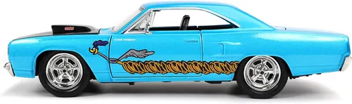 Vista 4 de Jada Looney Tunes 1:24 1970 Plymouth Roadrunner - Coche fundido a presión y figura de Wile E. Coyote de 2.75 pulgadas, juguetes para niños y adultos