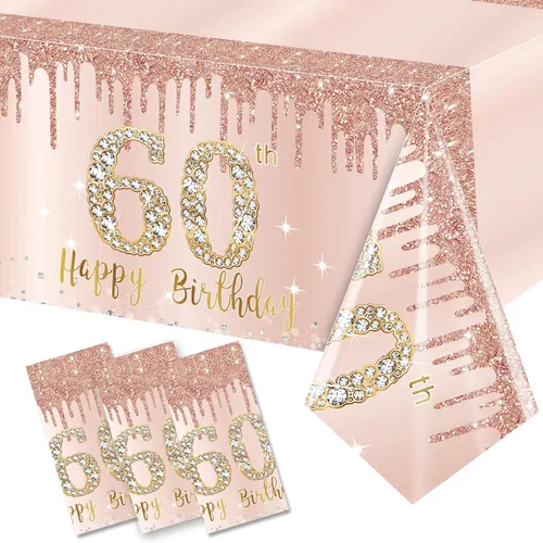 Vista 10 de Pack de 3 manteles de cumpleaños número 70 para mujer, rosado y dorado, mantel de plástico desechable rectangular para fiesta de cumpleaños número