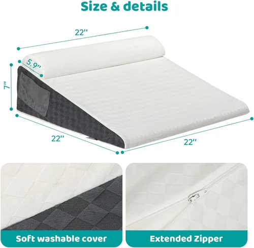 Vista 5 de Almohada de cuña de cama para apnea del sueño, almohada triangular de cuña de 22 x 22 x 7 pulgadas con almohada para el cuello para dormir