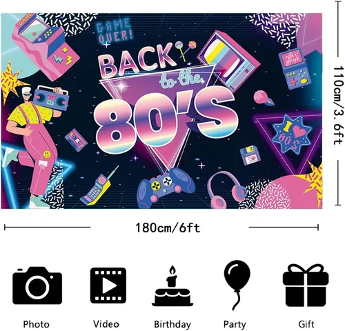 Vista 2 de Pancarta de fondo de fiesta temática de los años 80 de 6 x 3.6 pies, diseño retro de videojuegos, decoración de fiesta de cumpleaños de los años 80