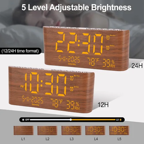 Vista 7 de PPLEE Reloj despertador digital de 8.7 pulgadas para dormitorio, reloj digital con día de la semana, mes, año, humedad y temperatura, brillo