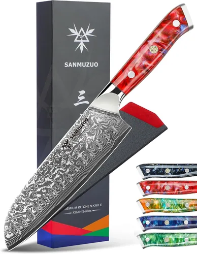Vista 7 de Santoku Cuchillo de 7 pulgadas - Serie Xuan - Cuchillo de cocina de acero Damasco VG10 - Mango de resina (naranja fantasía)