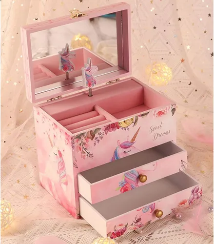Vista 6 de YBYB - Joyero musical de madera con cajón color rosa