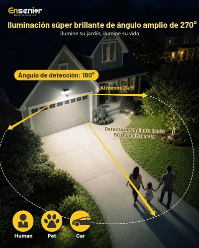 Vista 3 de Ensenior - Luces solares de movimiento para exteriores, 228 luces LED de seguridad solar con control remoto, IP65 impermeable, 3 cabezales de luz