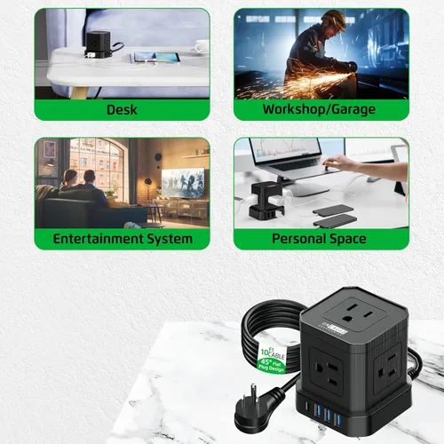 Vista 9 de Tiras de alimentación Cube con protección contra sobretensiones, cable de extensión de 10 pies con múltiples tomas, 5 enchufes de CA, 3 USB, 1