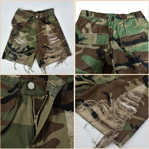 Vista 5 de Pantalones cortos de camuflaje para mujer, cintura elástica, cintura alta, múltiples bolsillos, cómodos, de algodón, casuales, de camuflaje