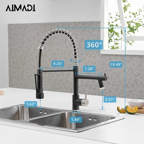 Vista 5 de AIMADI Grifo de cocina negro con rociador extraíble, acero inoxidable Negro y níquel