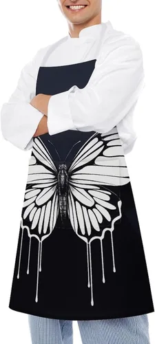 Vista 4 de MUSM A Black And White Butterfly Apron，Classic Vintage Funny with Pockets Aprons,Adjustable Bib Waterdrop Resistant for Kitchen Cooking Restaurant