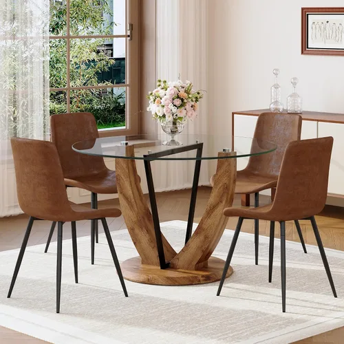Vista 12 de Juego de mesa redonda de cristal de 5 piezas para 4, mesa de comedor moderna de 48 pulgadas con base de grano de madera, sillas tapizadas de gamuza