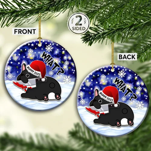 Vista 2 de Adorno de Navidad personalizado de bulldog francés – Lindo perro de bulldog francés negro colgante de árbol de cerámica – Nombre del perro